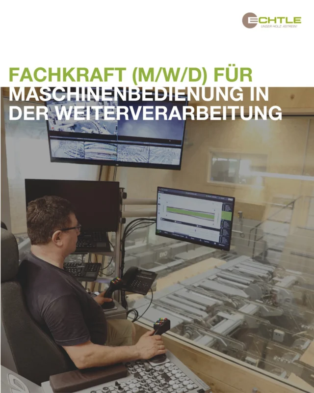 Wir suchen Dich! 
Gestalte Deine Zukunft mit uns.

Du hast ein Händchen für Maschinen und ein Auge für Qualität? Zur Verstärkung unseres Teams suchen wir eine engagierte Fachkraft (m/w/d) für die Maschinenbedienung in der Weiterverarbeitung. 

Hier bist du verantwortlich für das Einstellen der Werkzeuge und sicherst die erstklassige Oberflächenqualität unserer Produkte.

In einem modernen Arbeitsumfeld optimierst du Produktionsprozesse und führst wichtige Qualitätskontrollen durch. 

Wenn du eine Ausbildung im Holzbereich hast und technisches Verständnis mitbringst, bieten wir dir einen sicheren Arbeitsplatz mit attraktiver Vergütung und betrieblicher Altersvorsorge. 

Erfahre mehr unter: https://www.echtle-holz.de/karriere/ 

Werde Teil unseres motivierten Teams!

Bildmaterial: ©MARTINI Werbeagentur GmbH 

#SägewerkEchtle #Jobangebot #Weißtanne #Holzverarbeitung Karriere